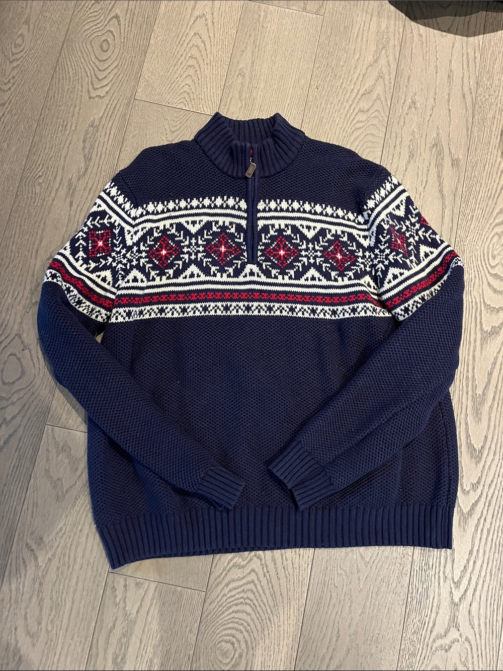 Izod Navy Zip-Up Fair Isle Knit Sweater with Red & White Accents